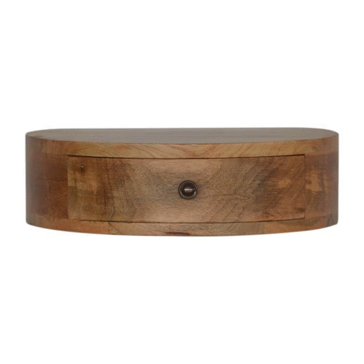 Curved chestnut floating bedside full room context view