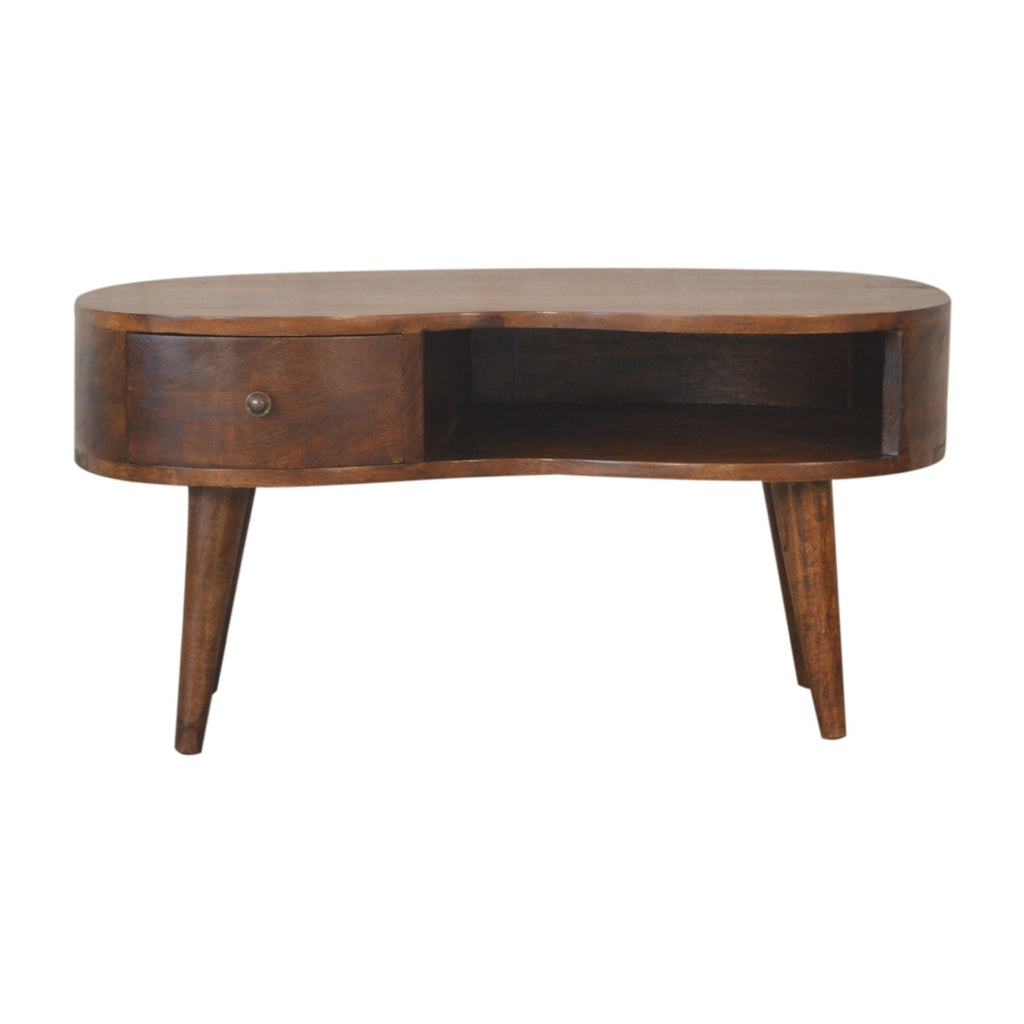 Nell chestnut coffee table side view showing Nordic legs