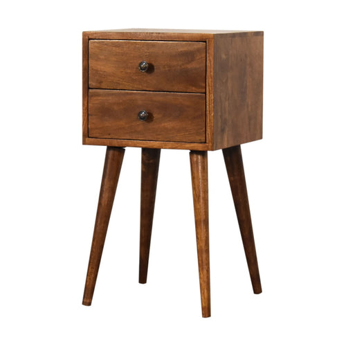 Mini 2-drawer chestnut bedside table solid mango wood with Scandinavian legs – front view