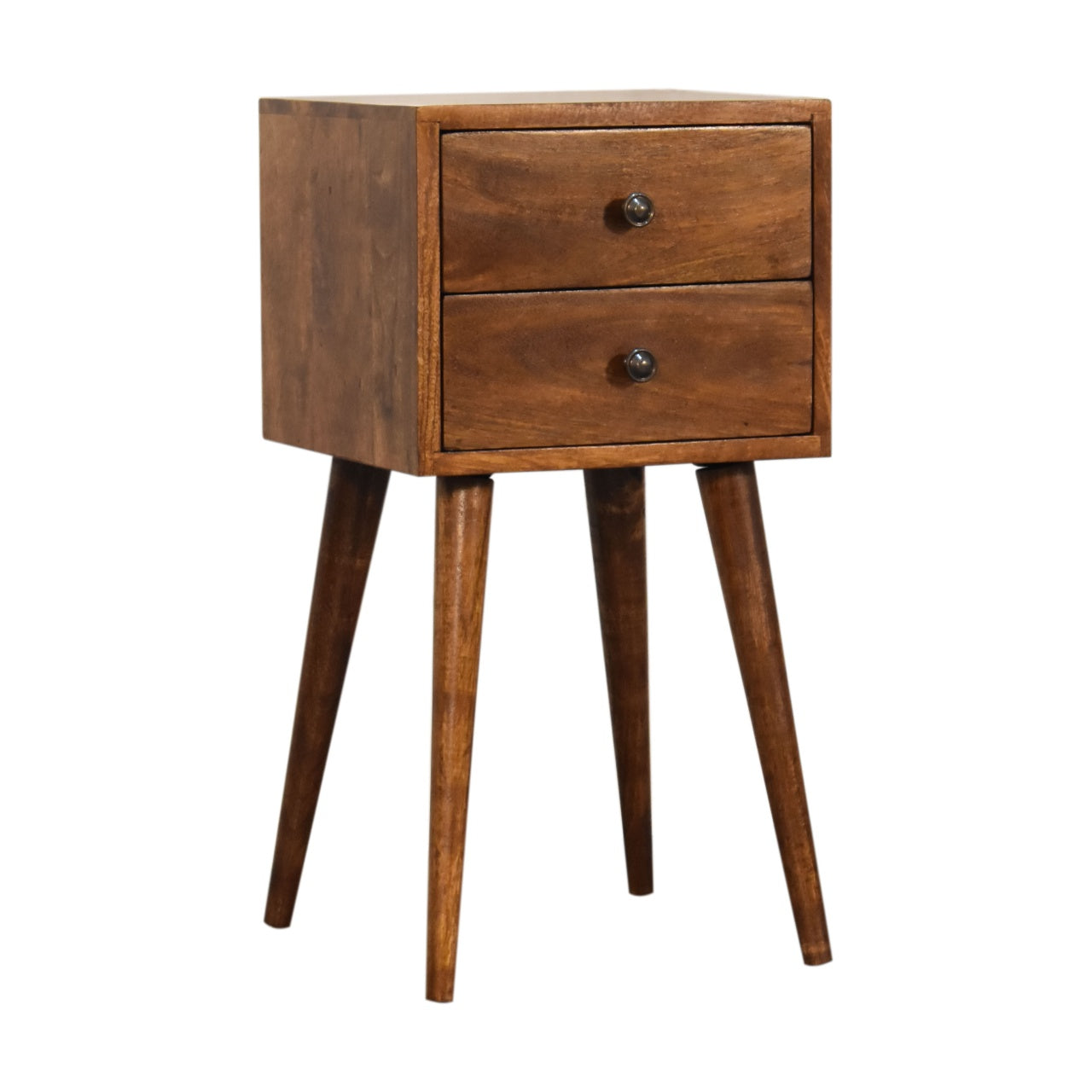Mini chestnut bedside table side view showing compact profile