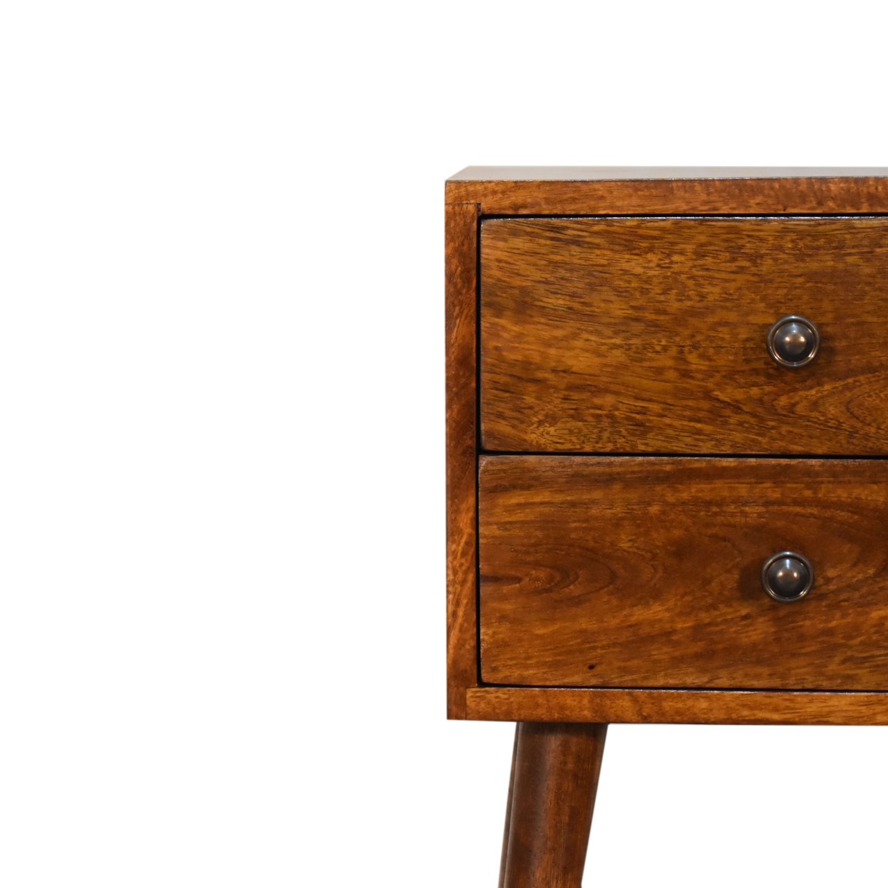 Mini 2-drawer chestnut bedside drawer open showing interior
