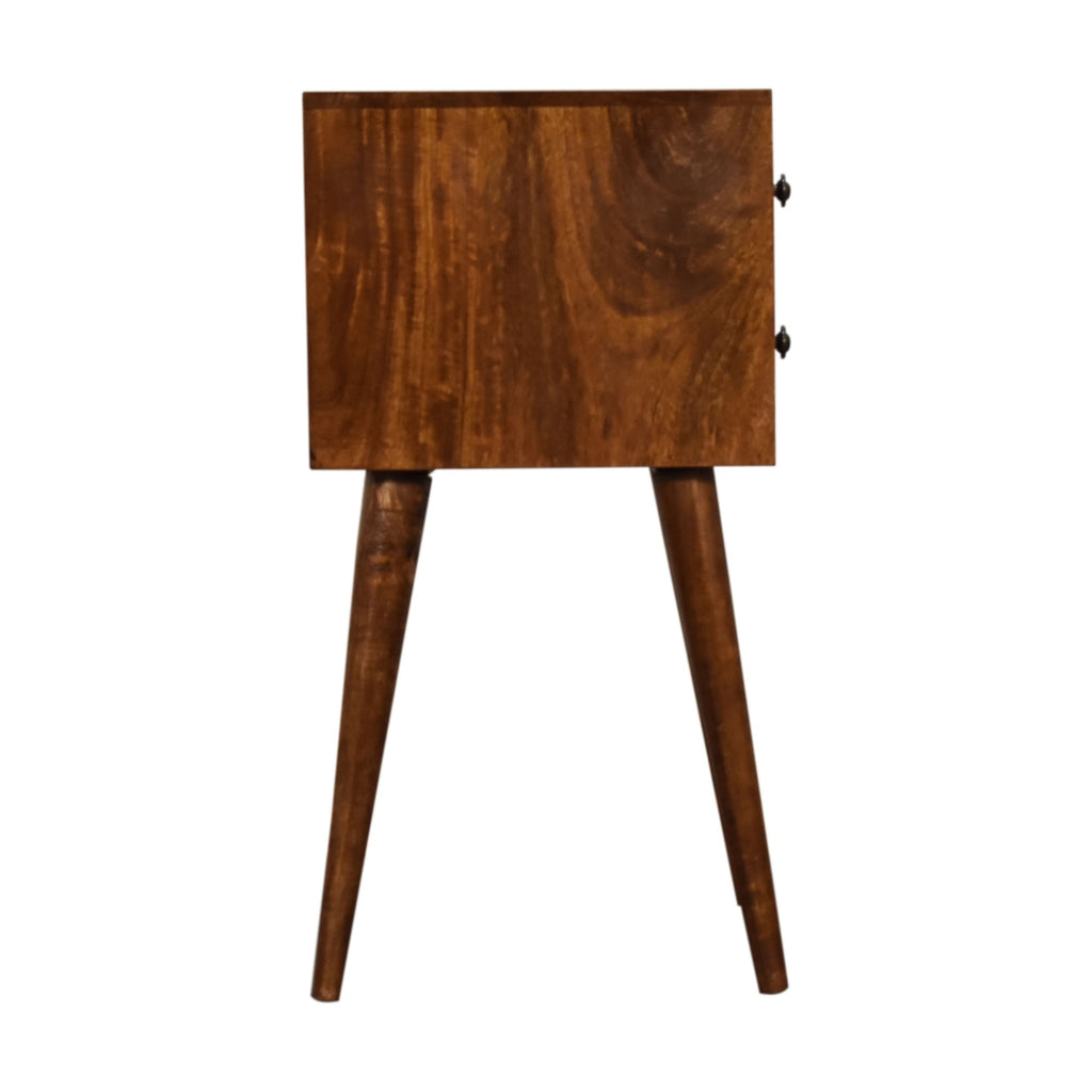 Mini chestnut bedside table angled view showing slim footprint