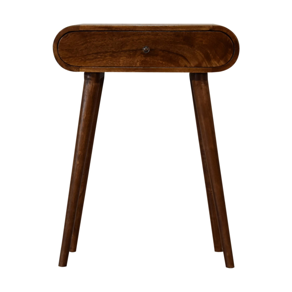 Mini Isabella chestnut console side view showing curved edges