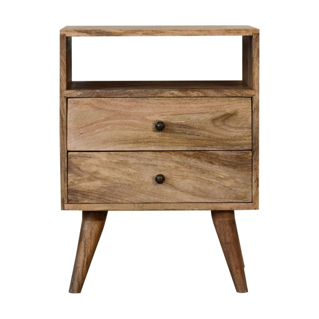 Classic oak bedside table solid mango wood with brass knobs and Nordic legs – front view