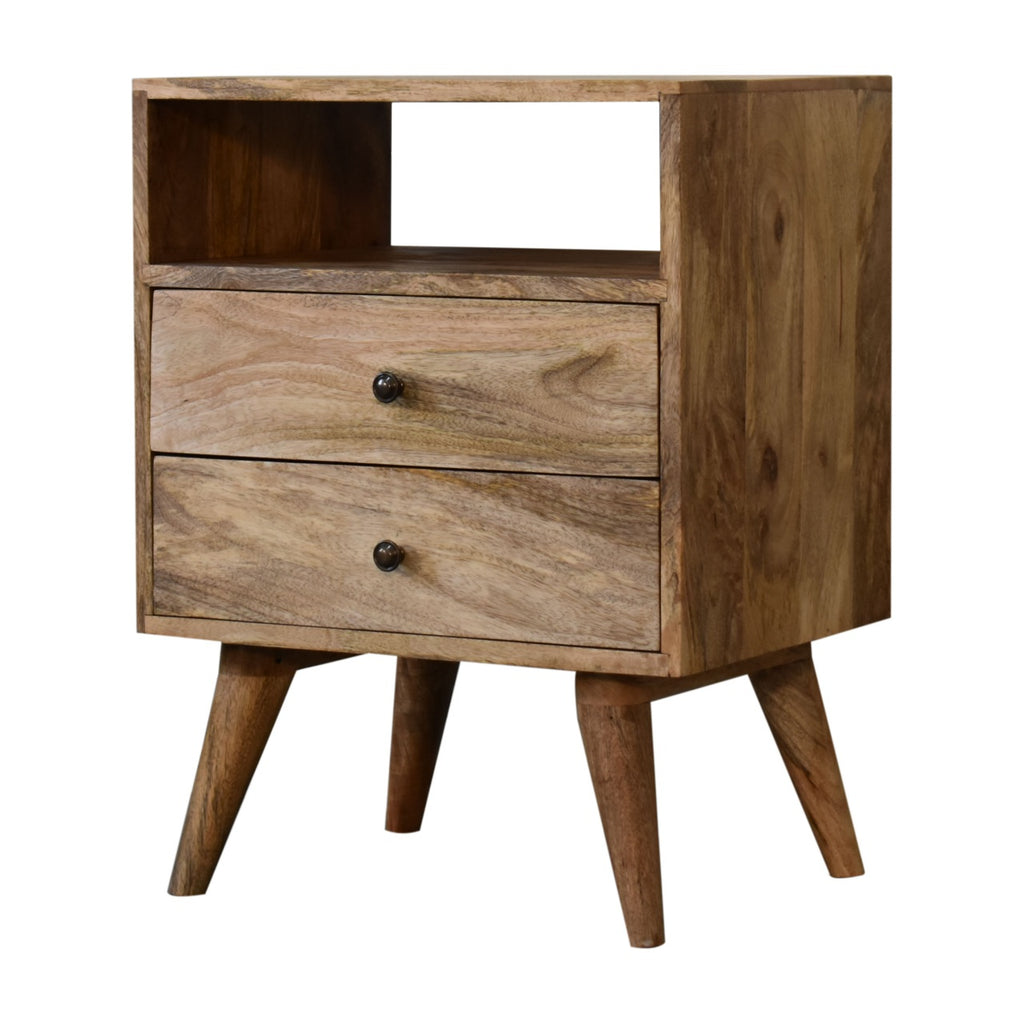 Classic oak-ish bedside table side view showing Scandinavian-style legs