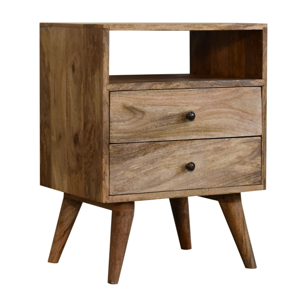 Classic oak bedside table close-up of brass knob hardware