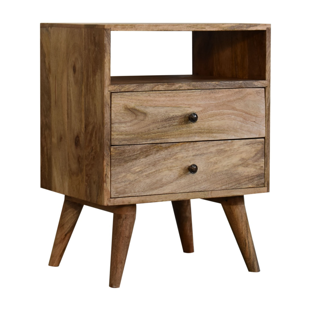 Classic oak bedside table close-up of brass knob hardware