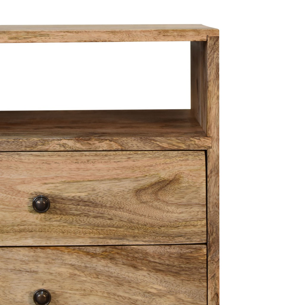 Classic bedside table in oak finish styled in bedroom interior