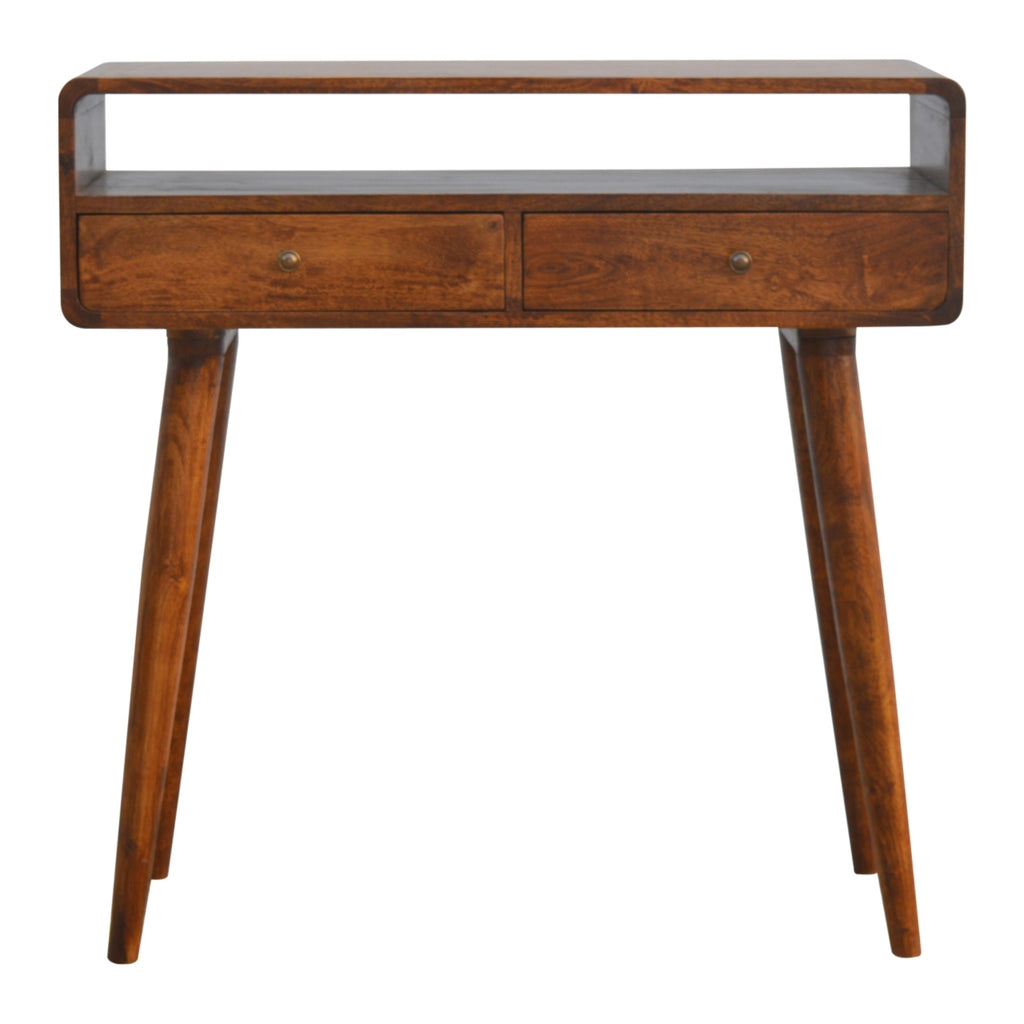 Curved chestnut console table side view showing Nordic legs