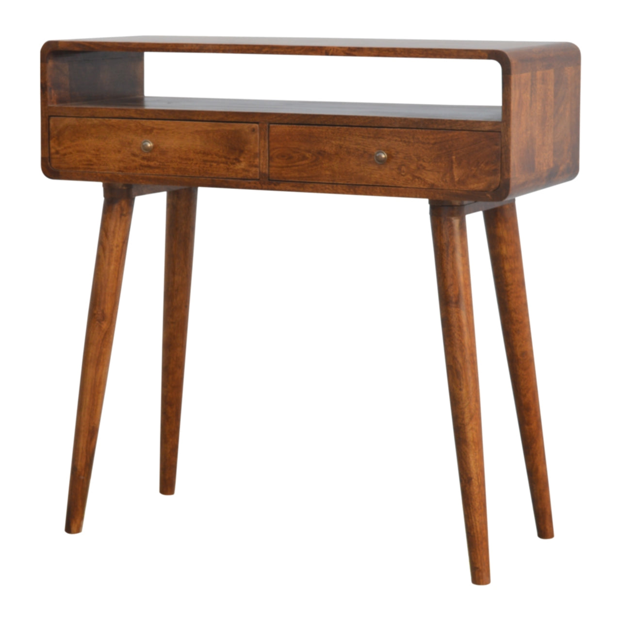 Curved chestnut mango wood console in hallway setting