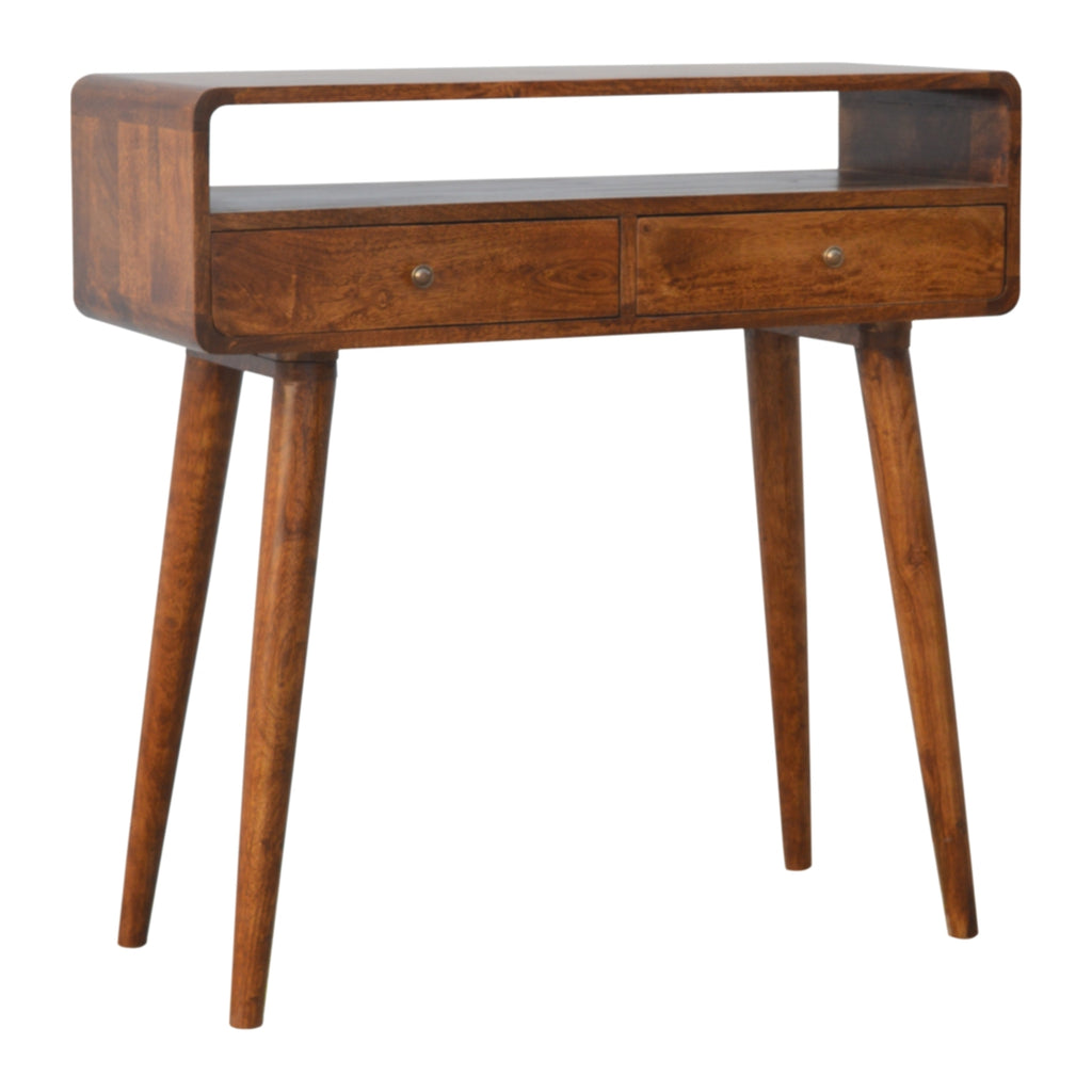 Curved chestnut console drawer detail with brass knob