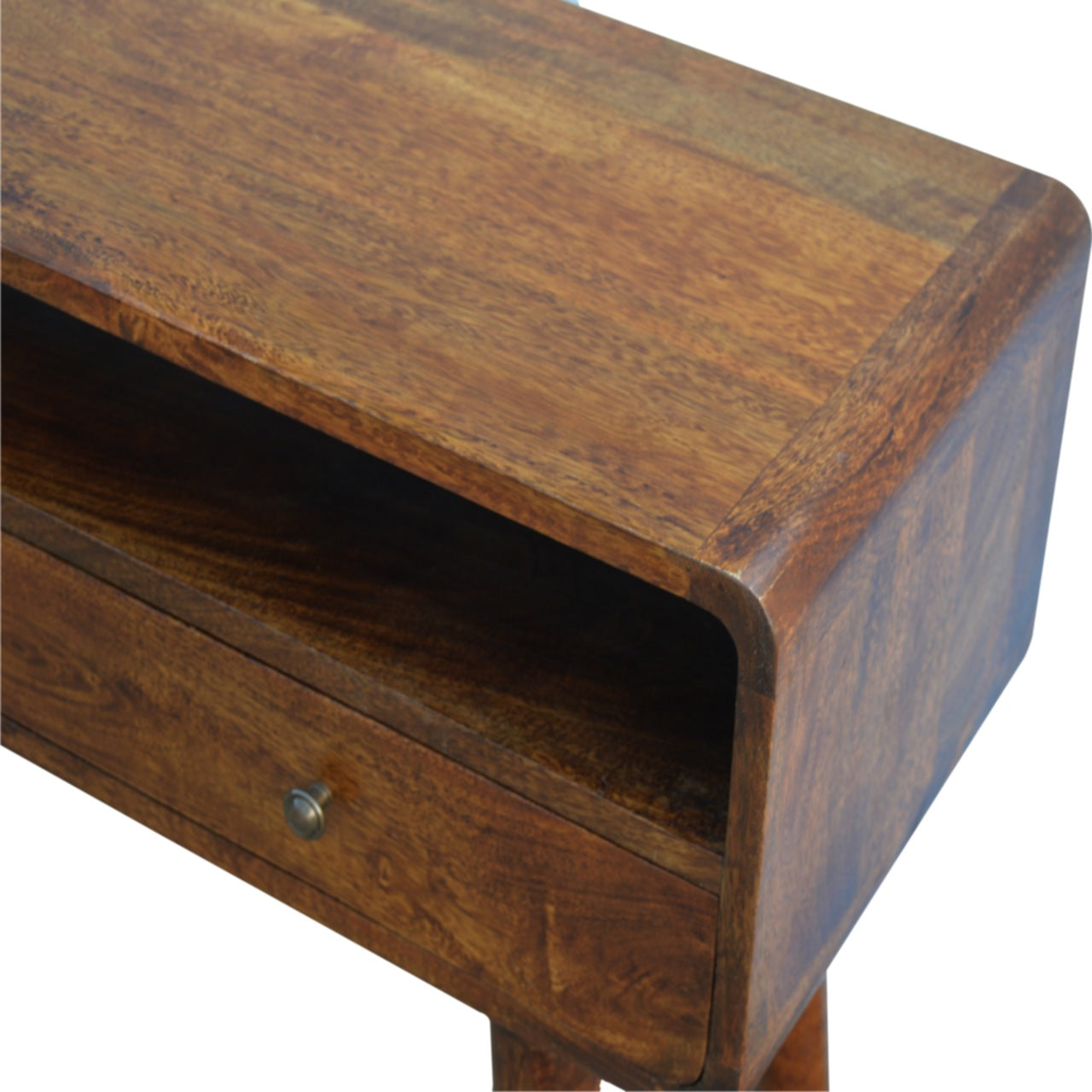 Curved chestnut console table top surface view