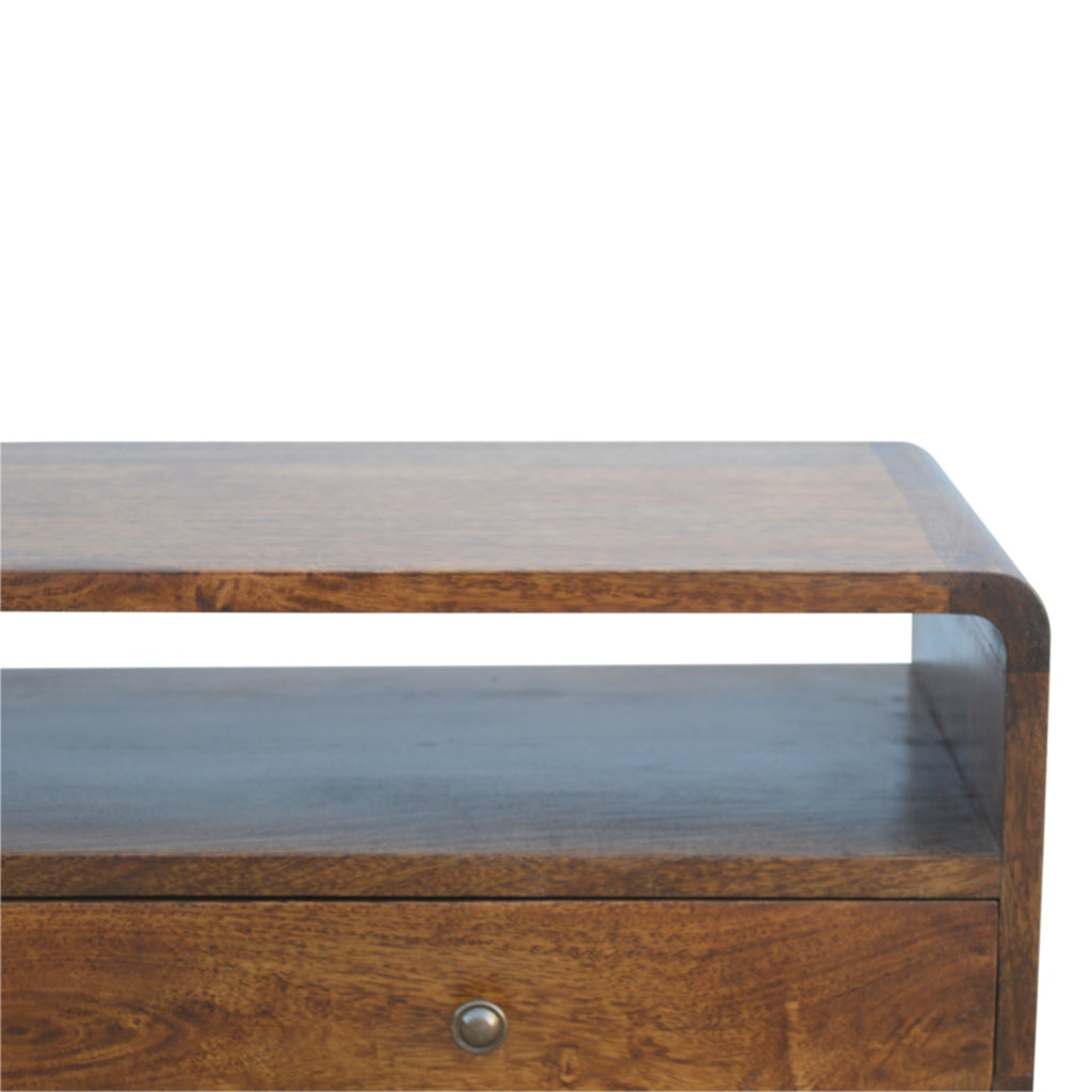 Curved chestnut console angled view showing full profile