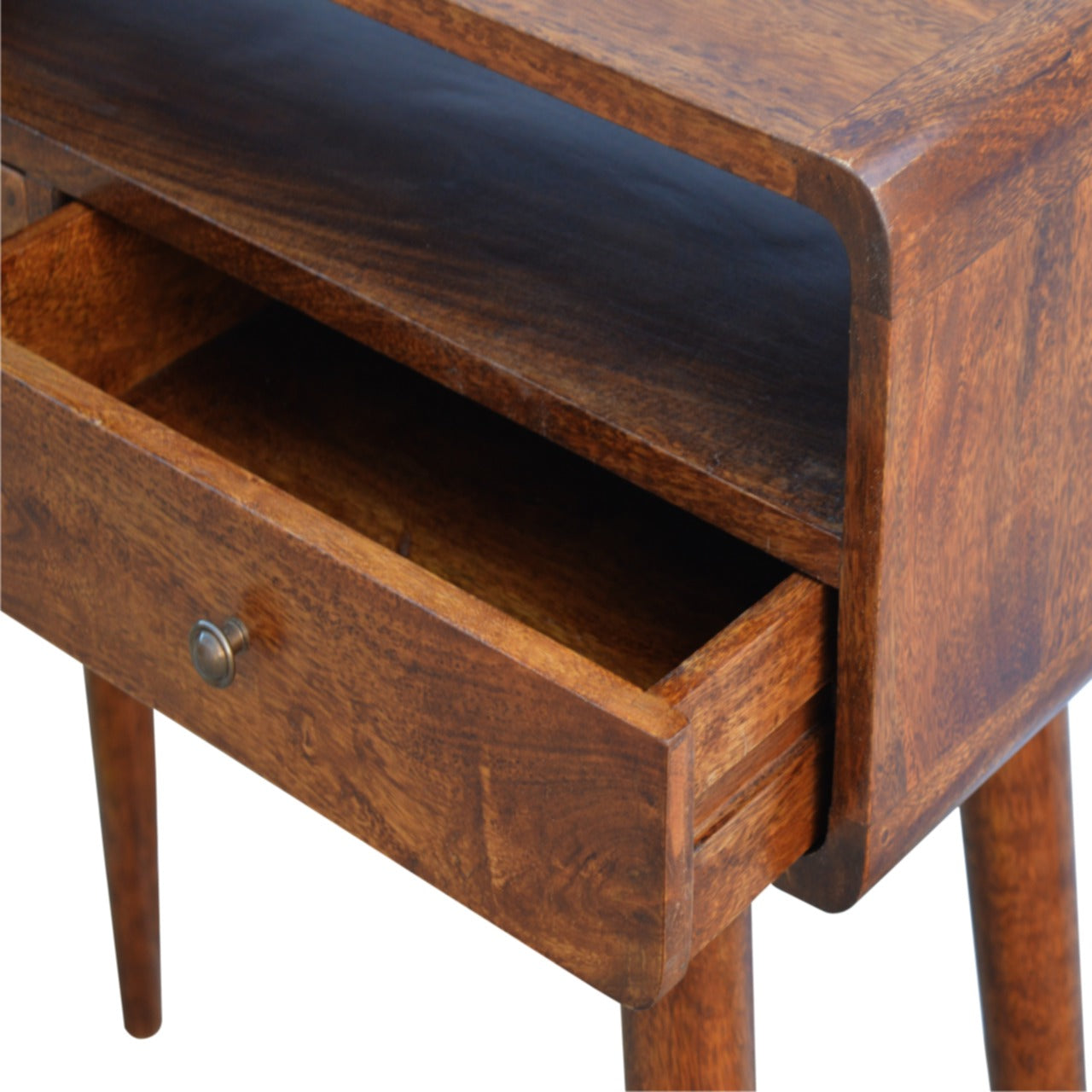 Curved chestnut console table rear view