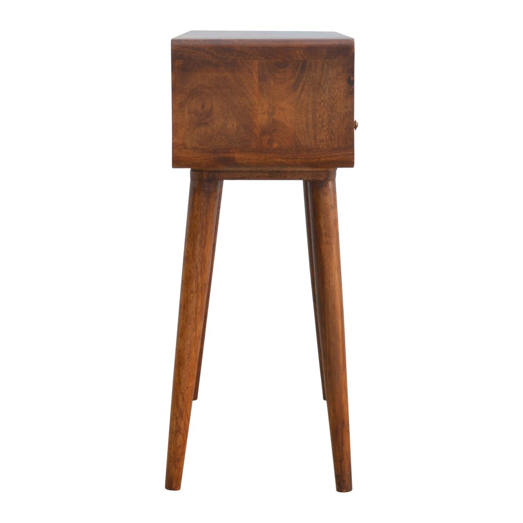 Curved chestnut console lifestyle entryway setting