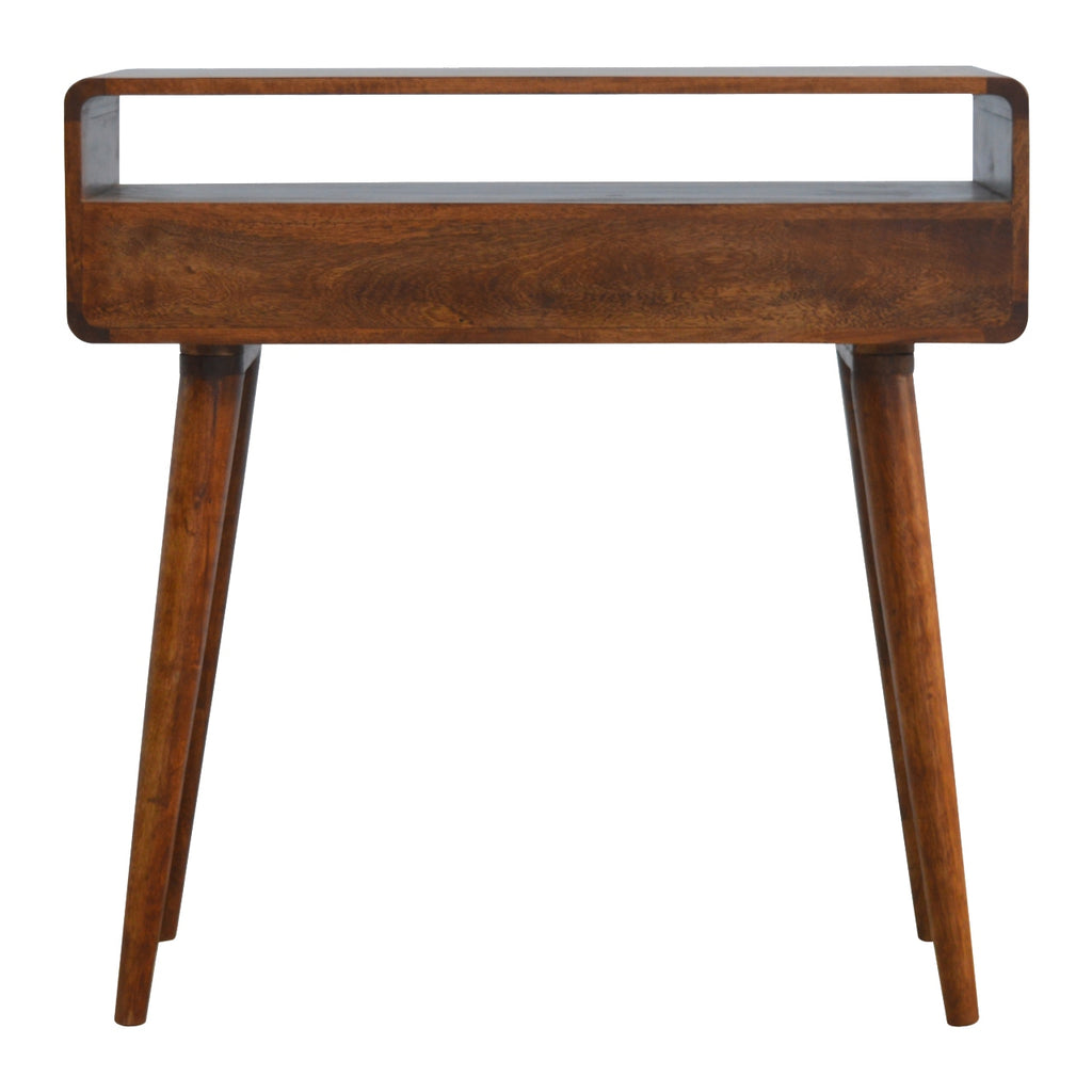Curved chestnut console full room context