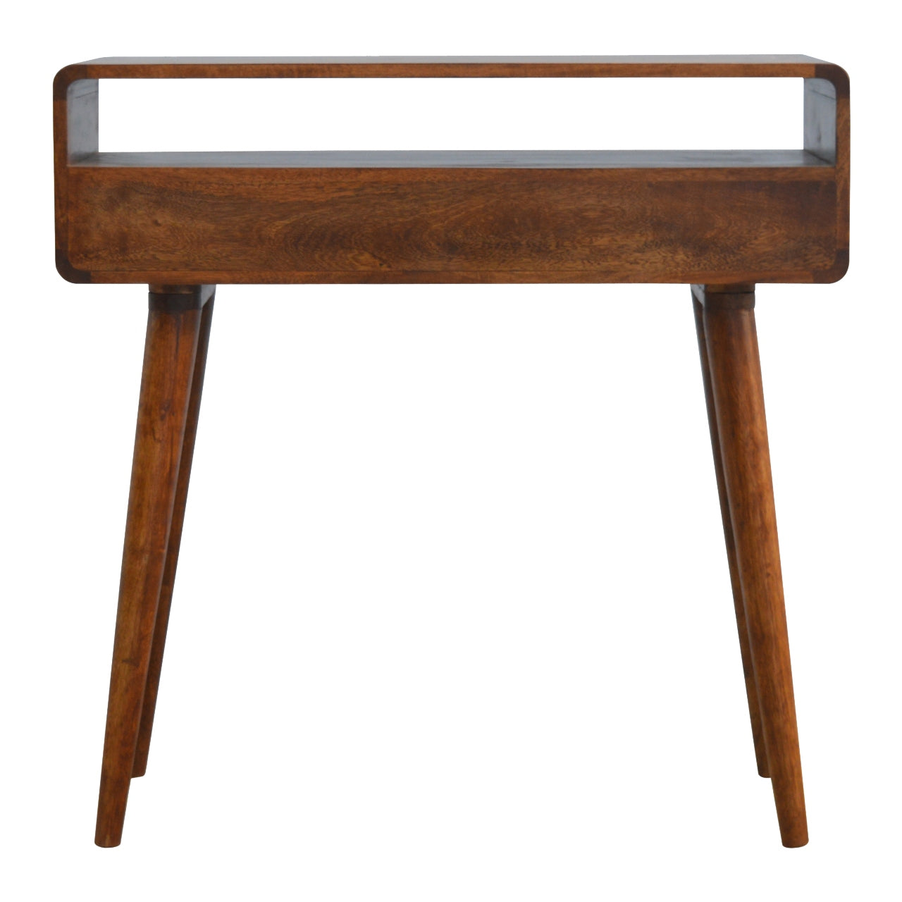 Curved chestnut console full room context