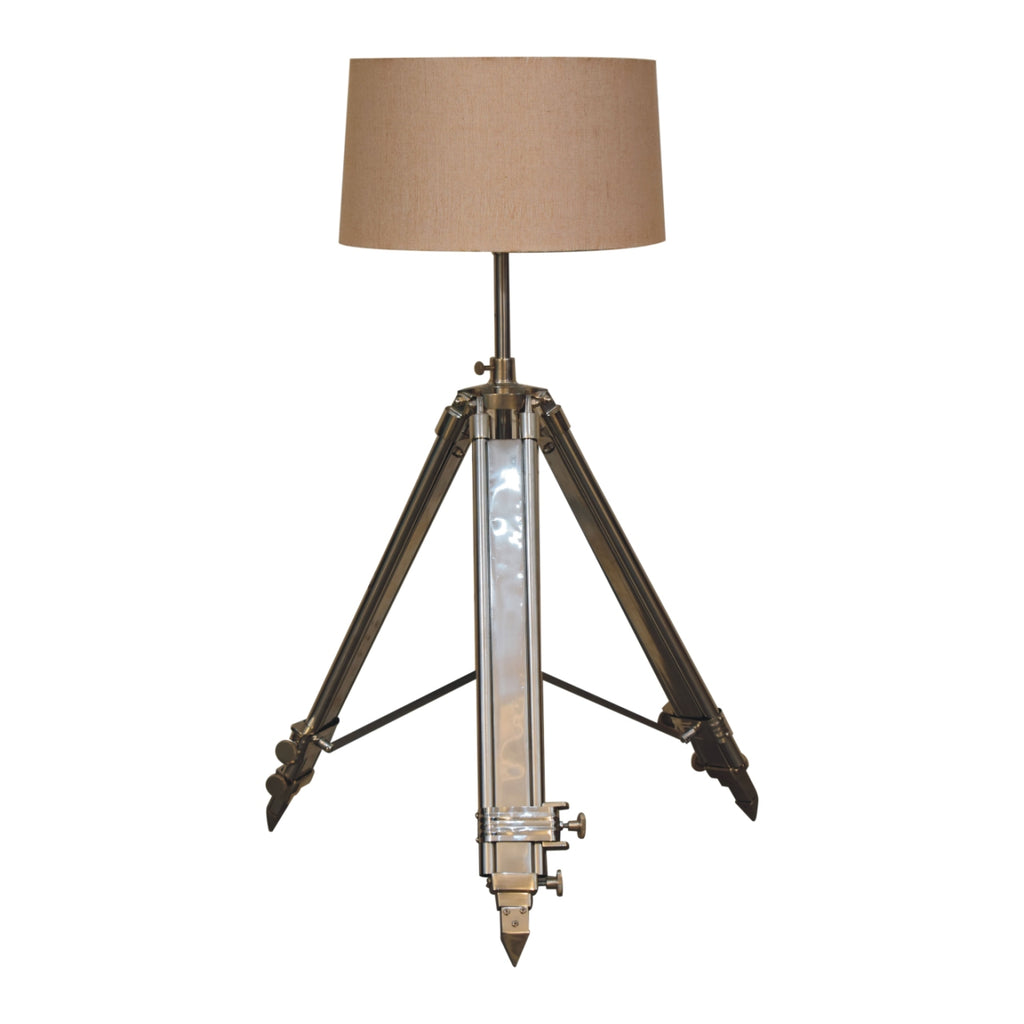 Chrome tripod lamp side view showing chrome base detail