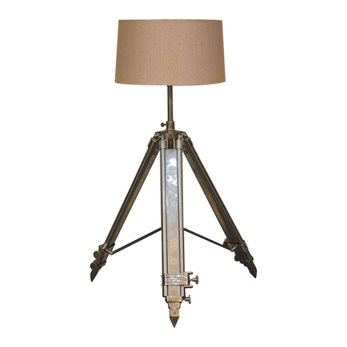 Chrome tripod lamp side view showing chrome base detail