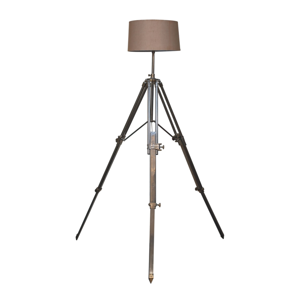 Chrome tripod lamp shade detail showing neutral fabric