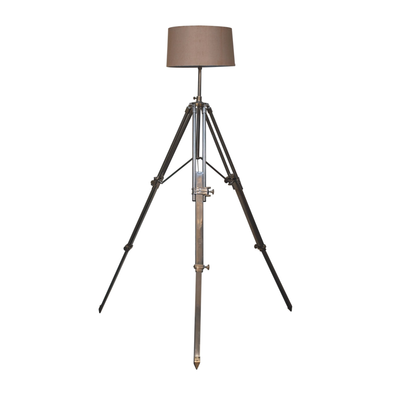 Chrome tripod lamp shade detail showing neutral fabric