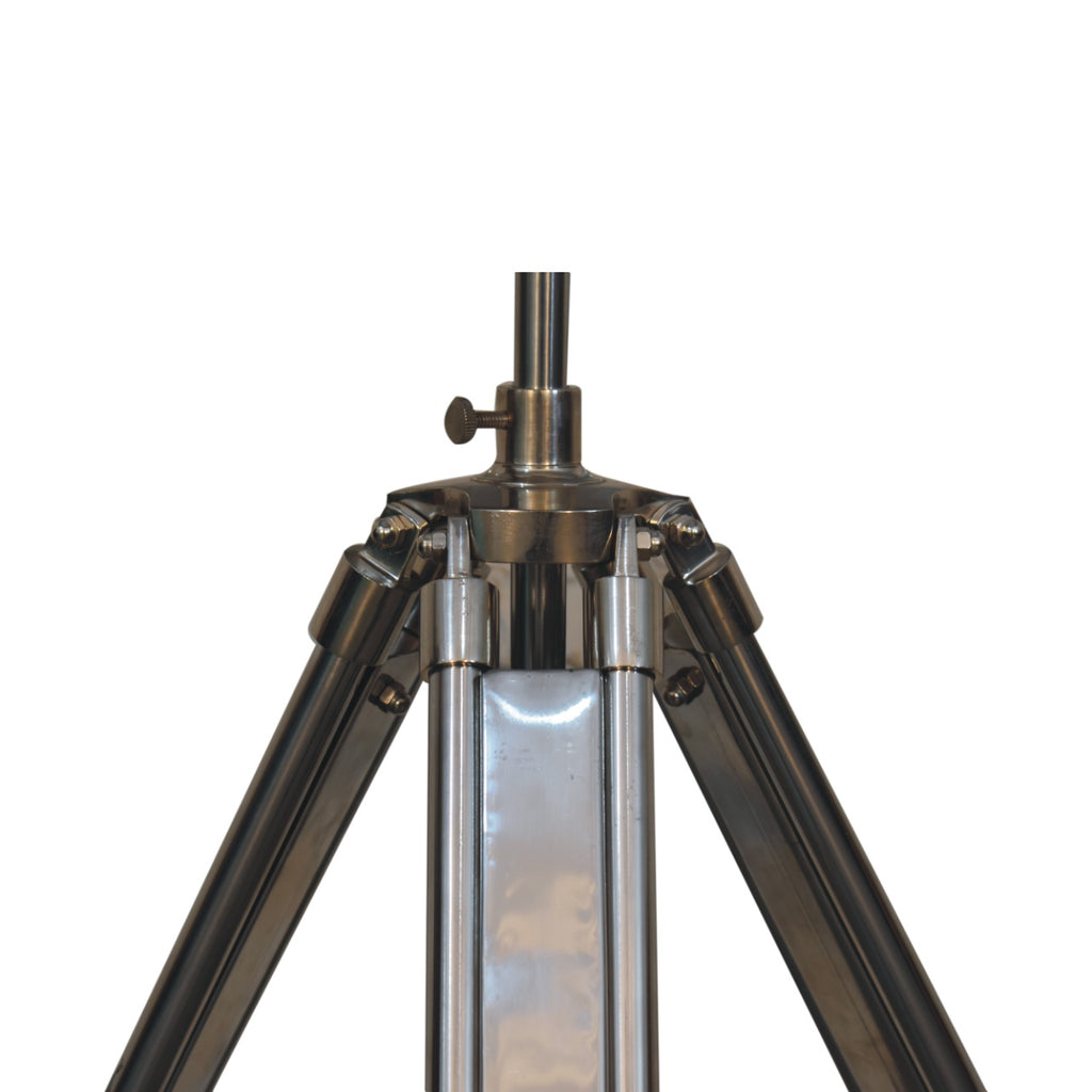 Chrome tripod lamp angled view showing height adjustment