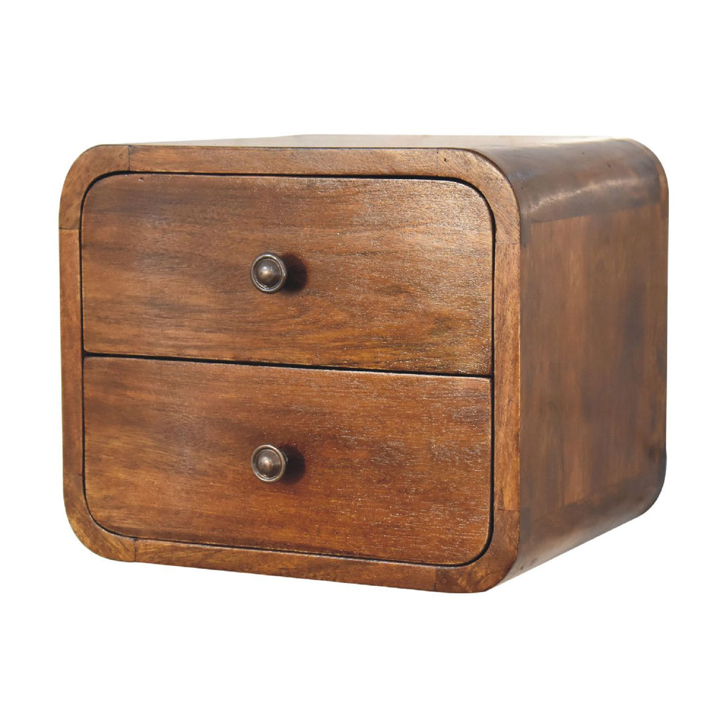 Floating mini chestnut bedside drawer detail with brass knob