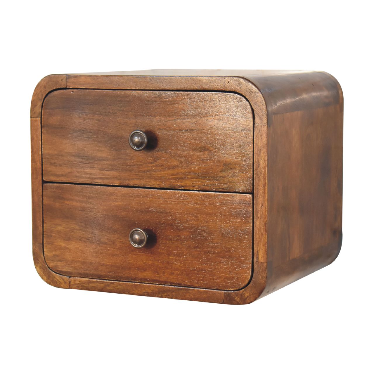 Floating mini chestnut bedside drawer detail with brass knob