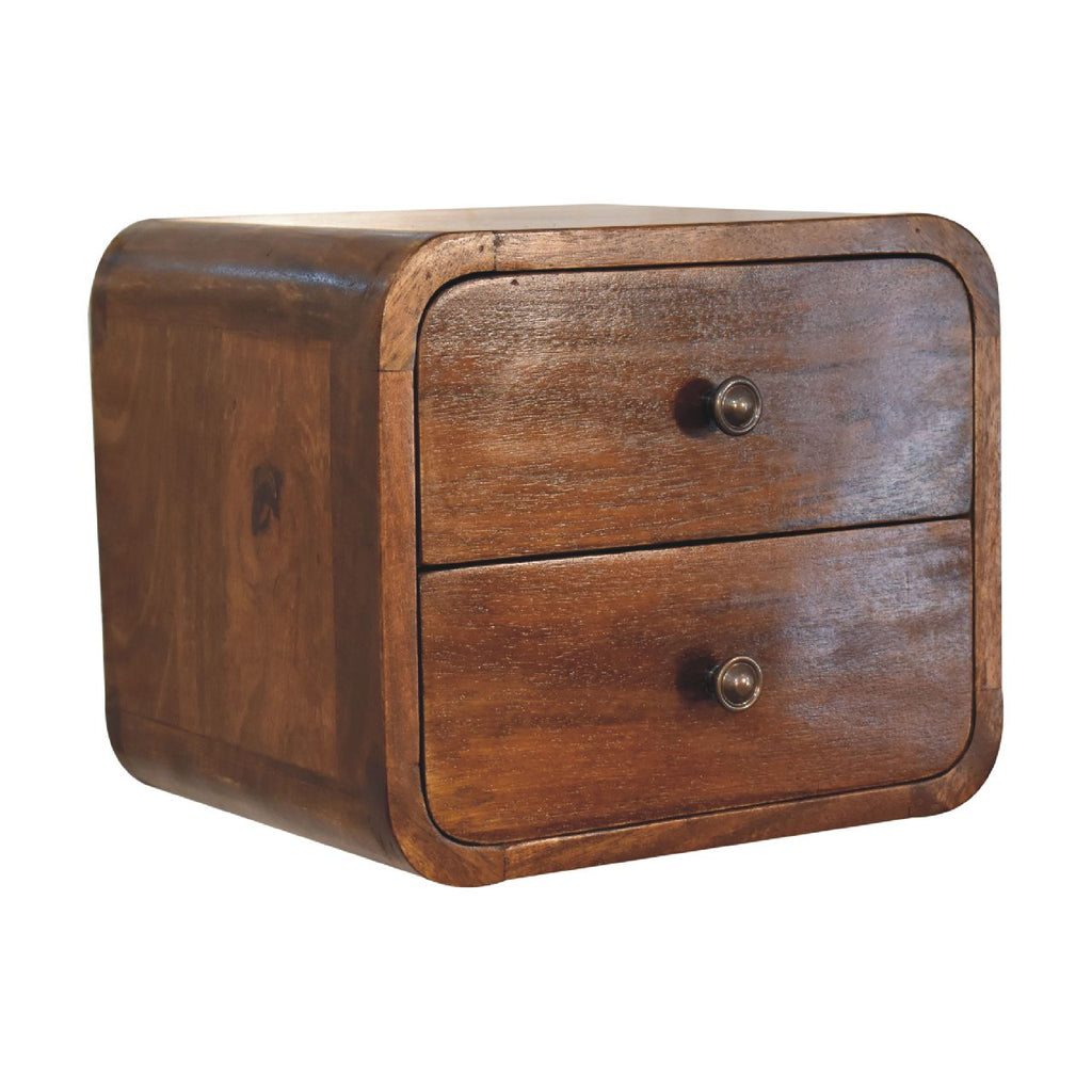 Floating mini chestnut bedside in compact bedroom wall-mounted