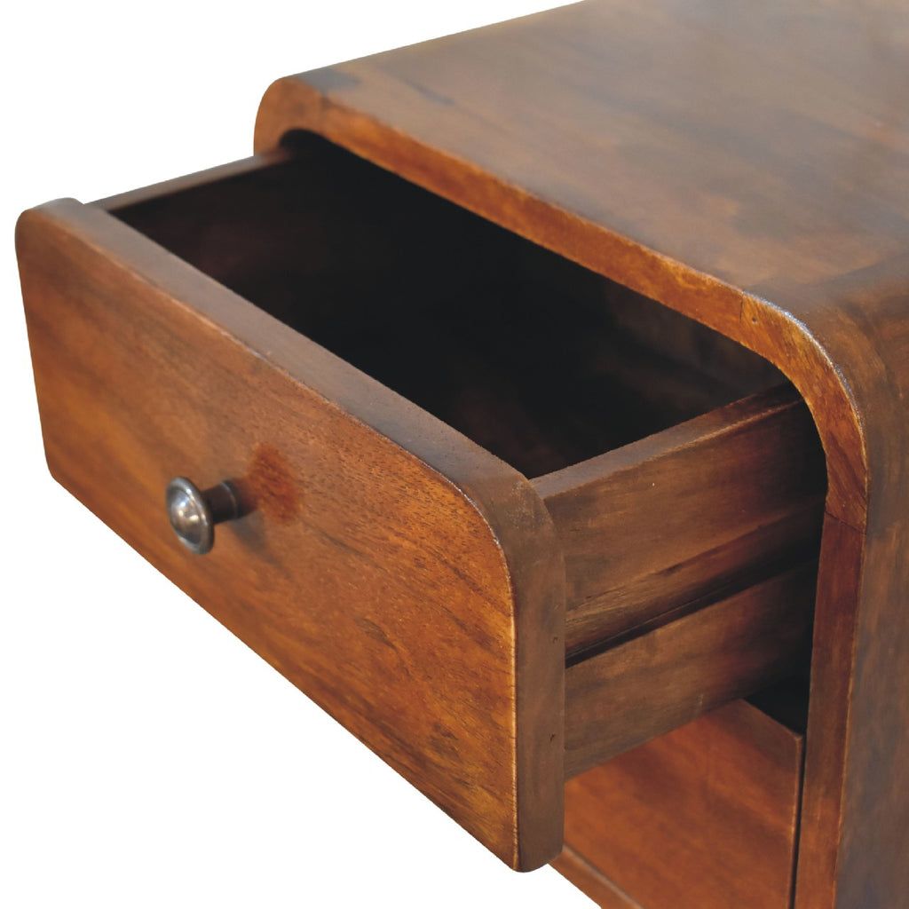 Floating mini chestnut bedside angled view