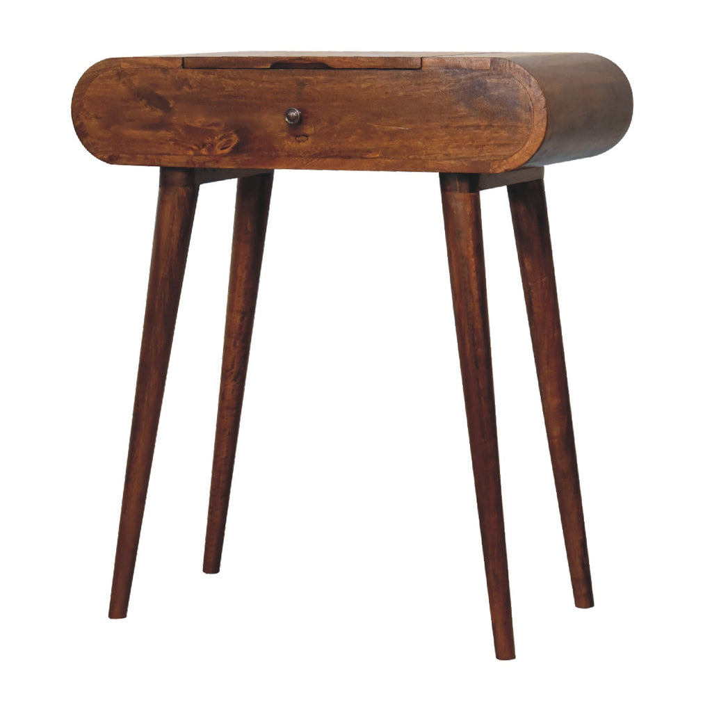 Mini Indiana chestnut dressing table in compact bedroom vanity setting