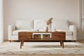Classic chestnut coffee table and media unit solid mango wood with open shelf – front view