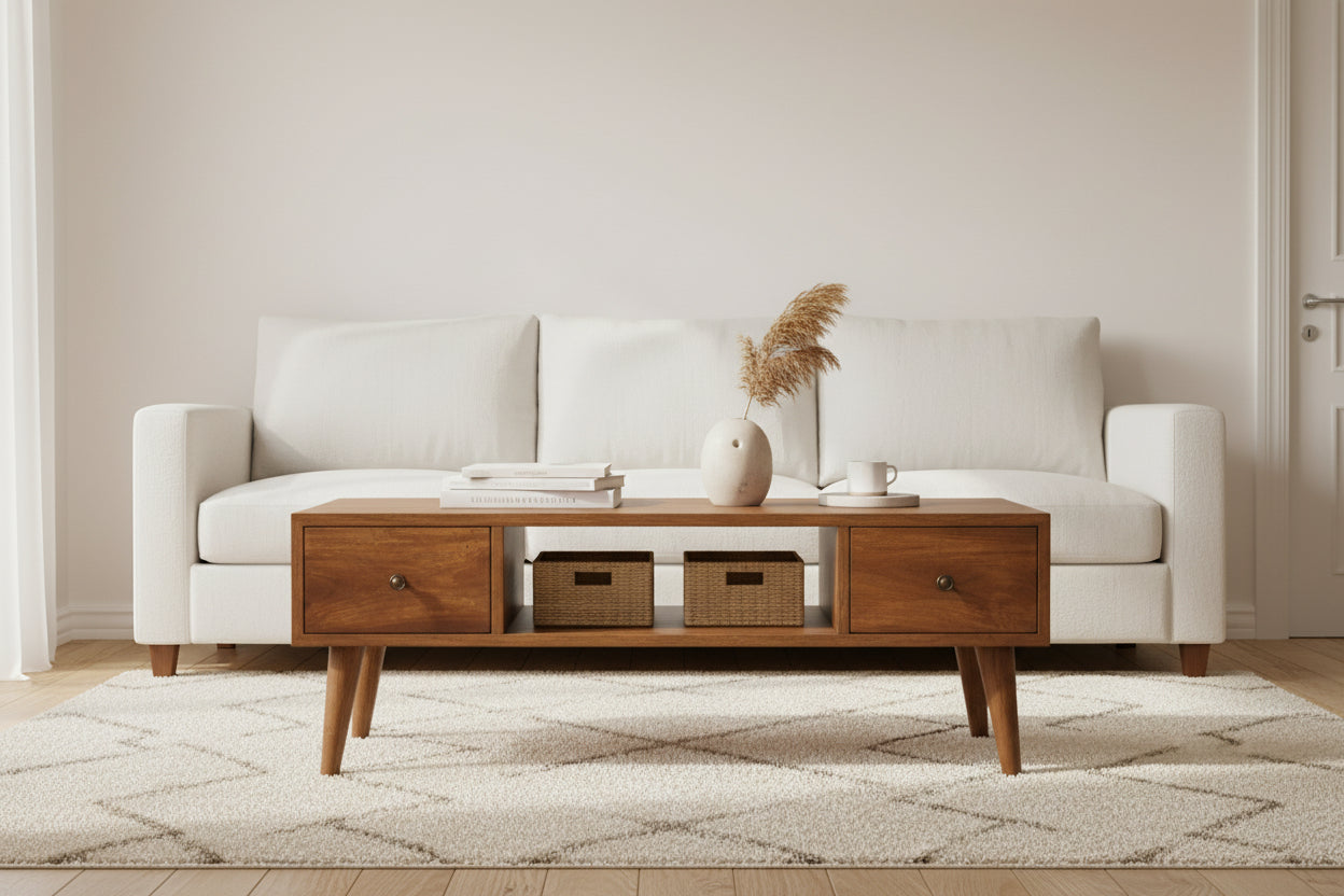 Classic chestnut coffee table and media unit solid mango wood with open shelf – front view