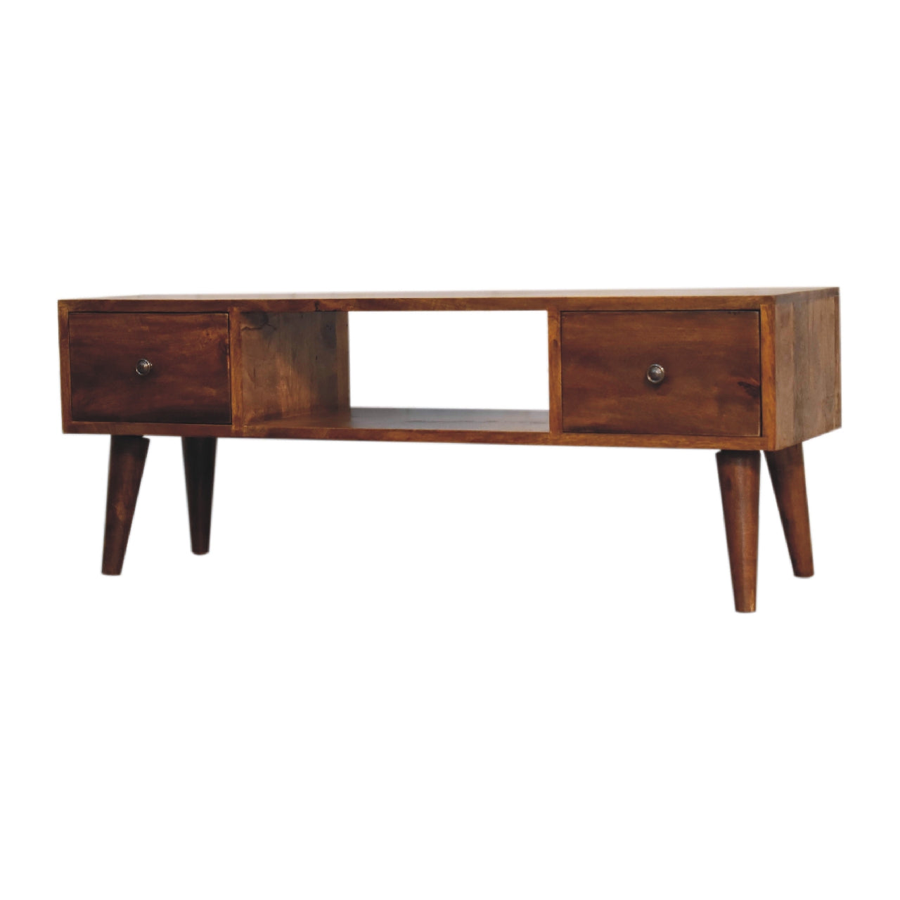 Classic chestnut coffee table side view showing Nordic legs