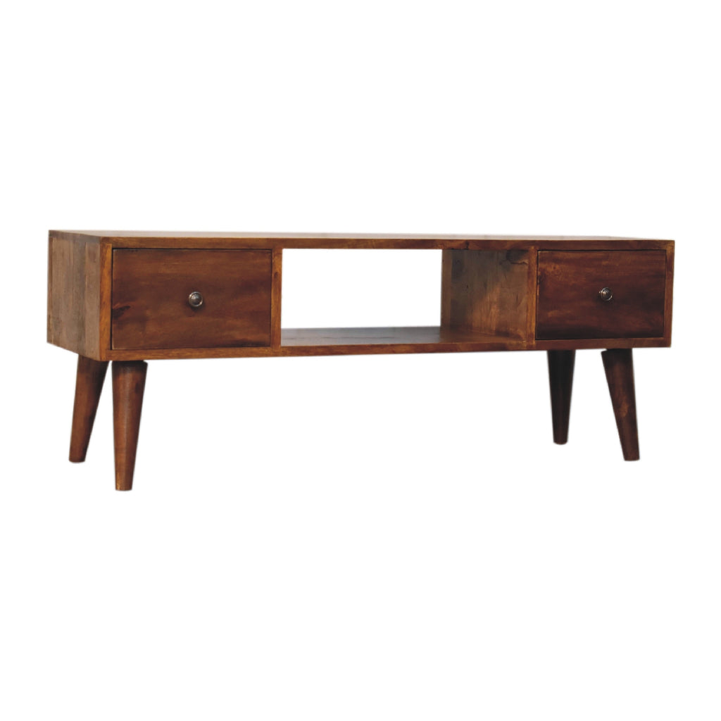 Classic chestnut coffee table open shelf with media items