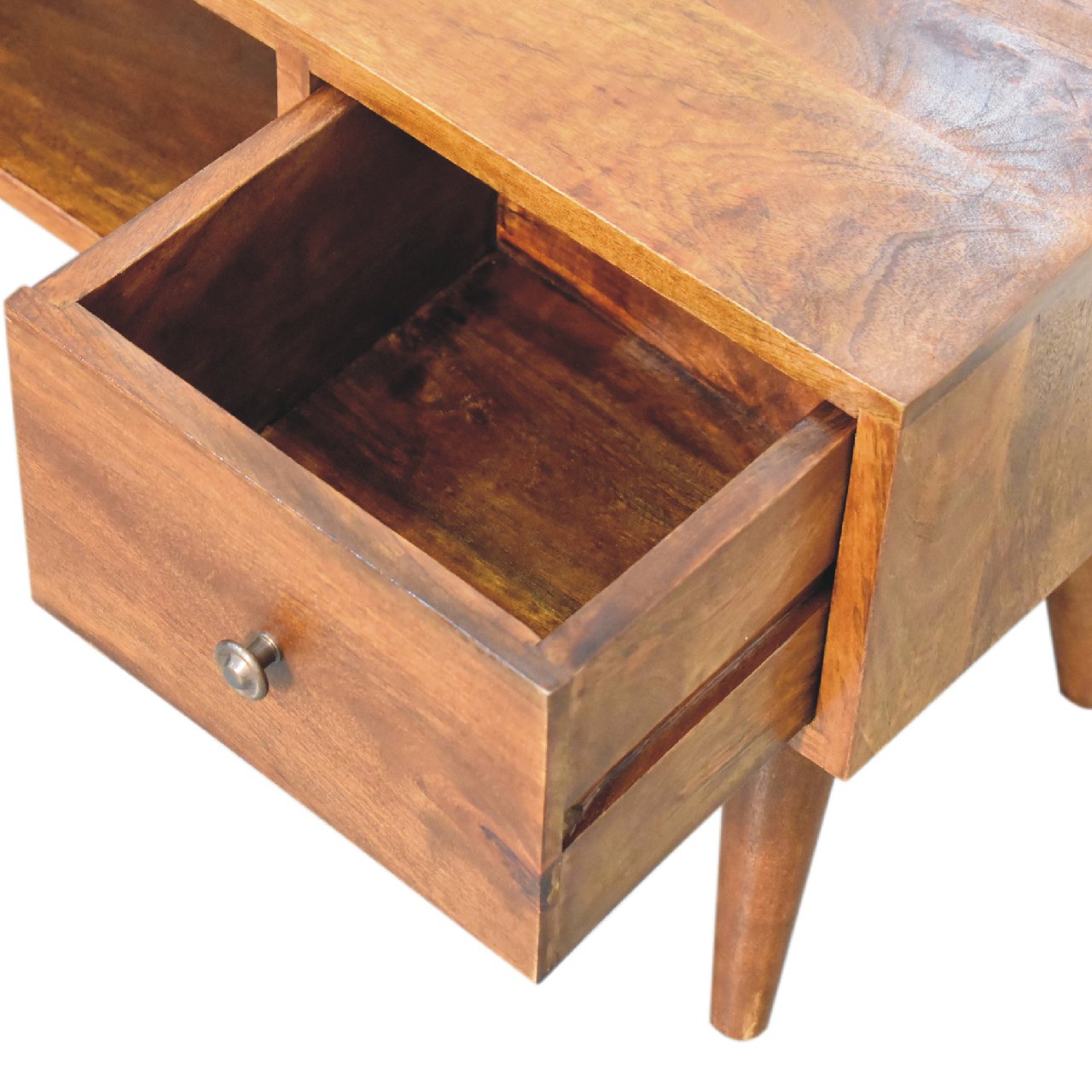 Classic chestnut coffee table angled view showing storage