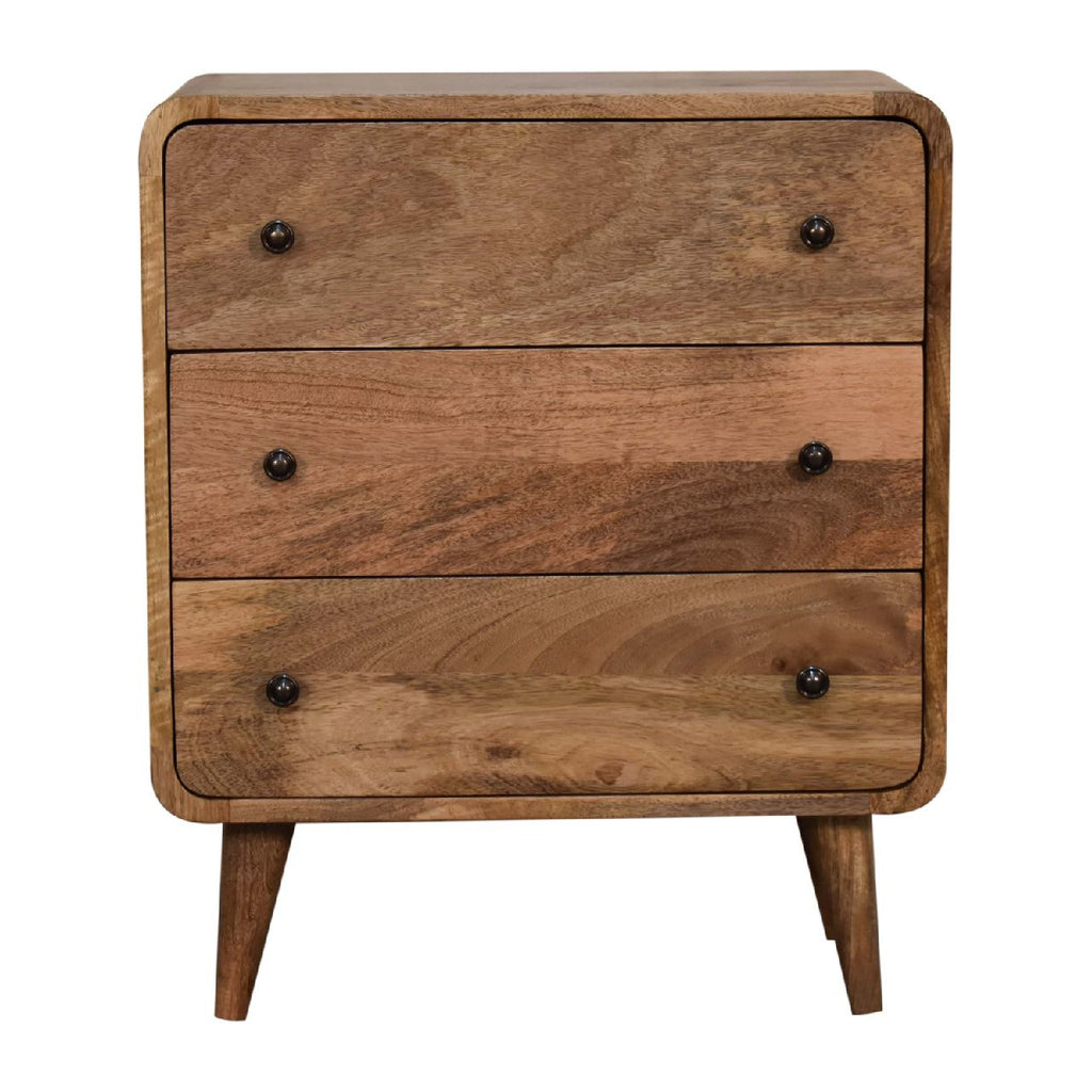 Curved compact oak chest side view showing rounded corners