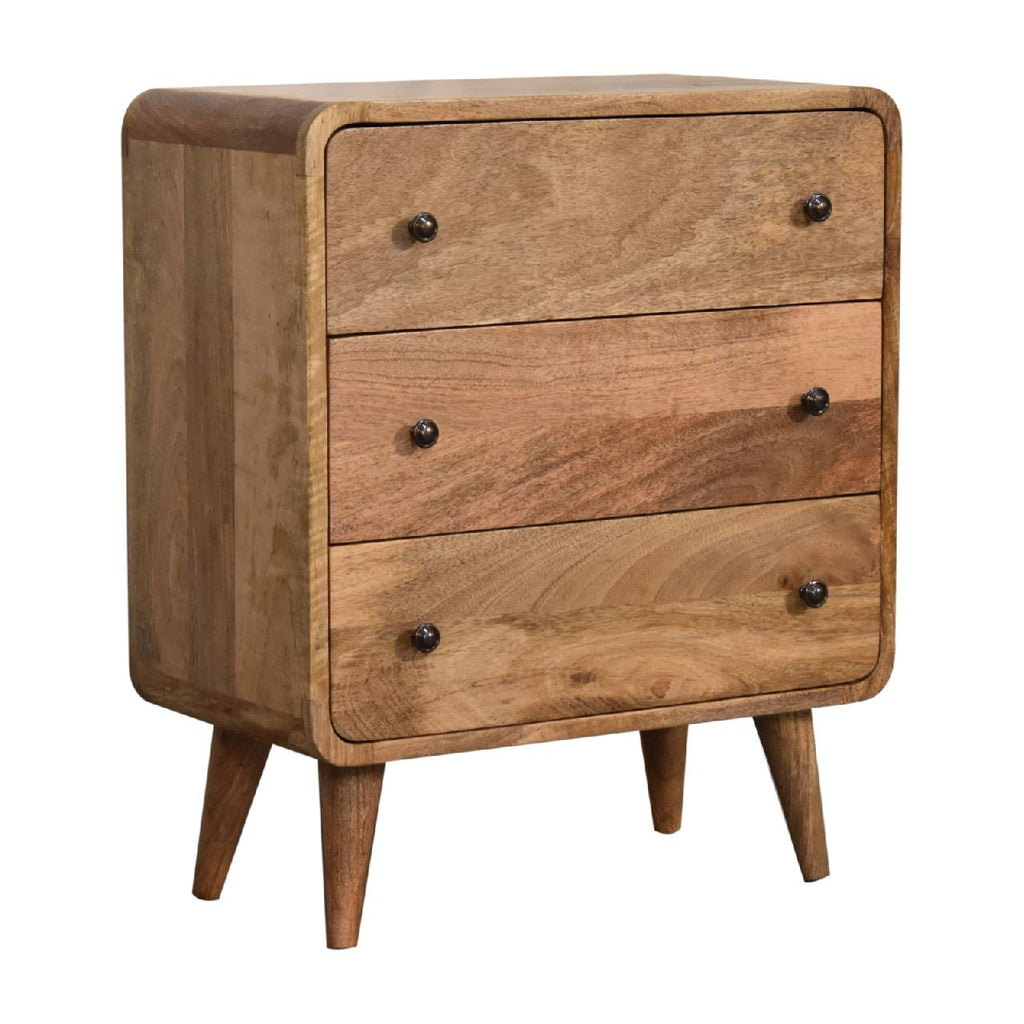 Curved oak chest drawer open showing interior storage