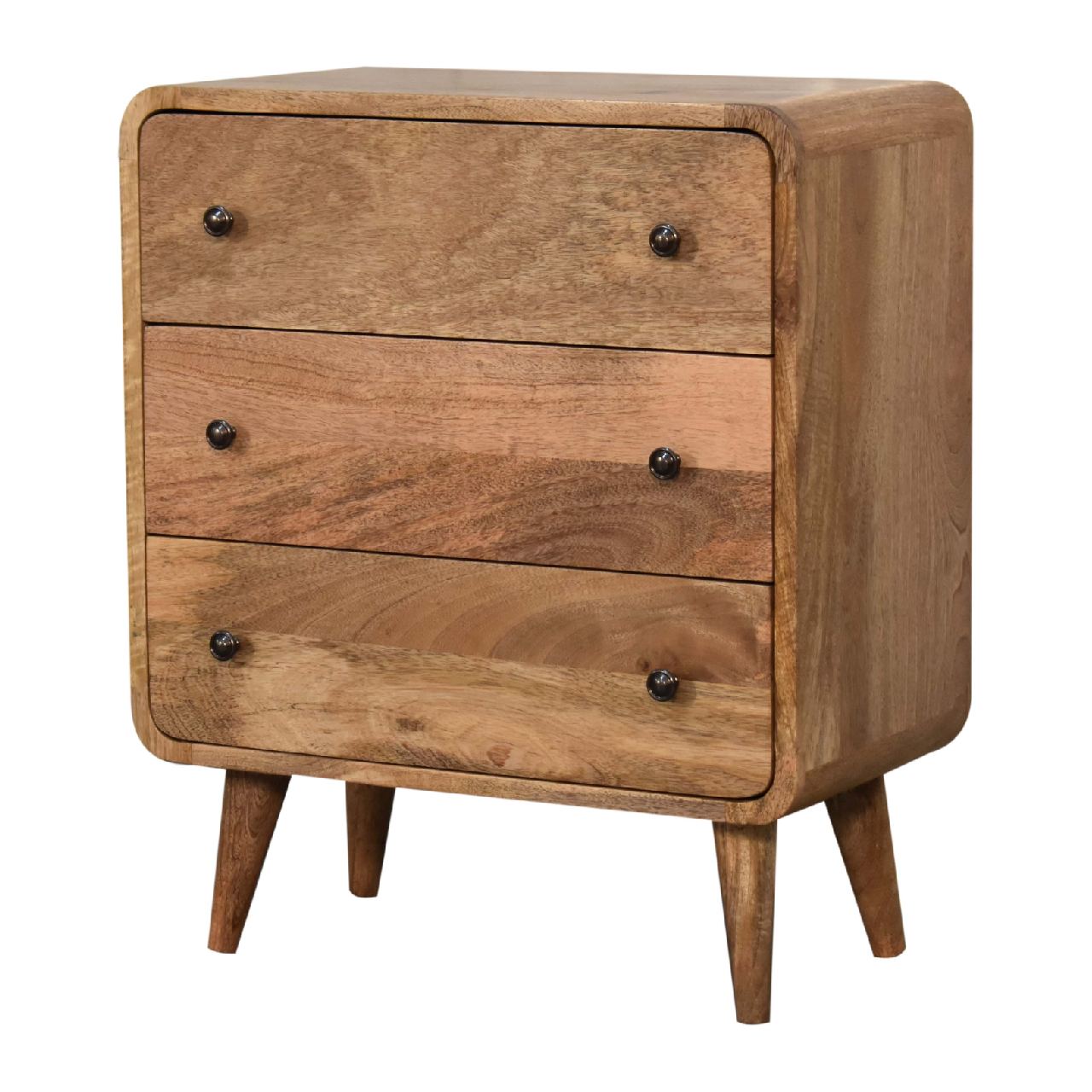 Curved compact oak chest in bedroom interior