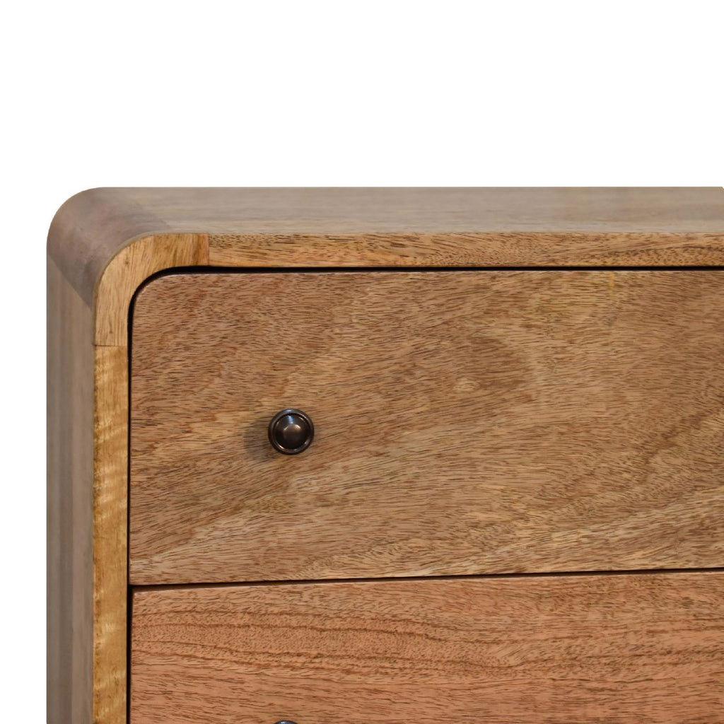 Curved compact oak chest top surface with brass knobs