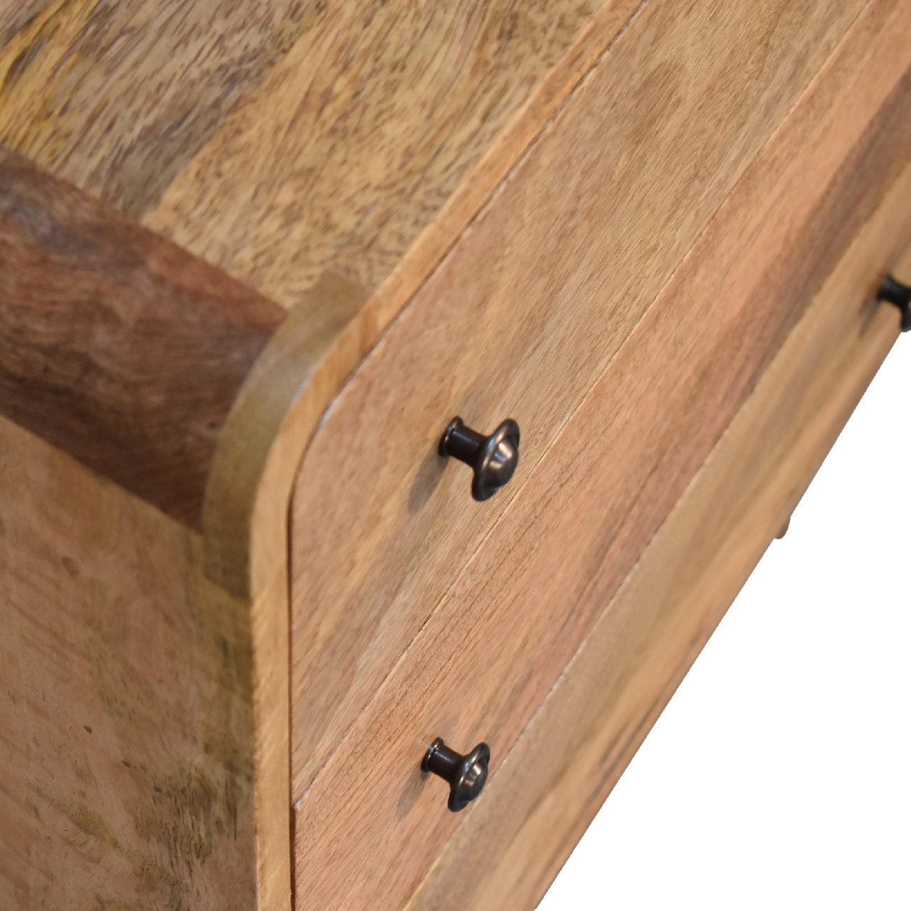 Curved oak chest angled view showing slim footprint