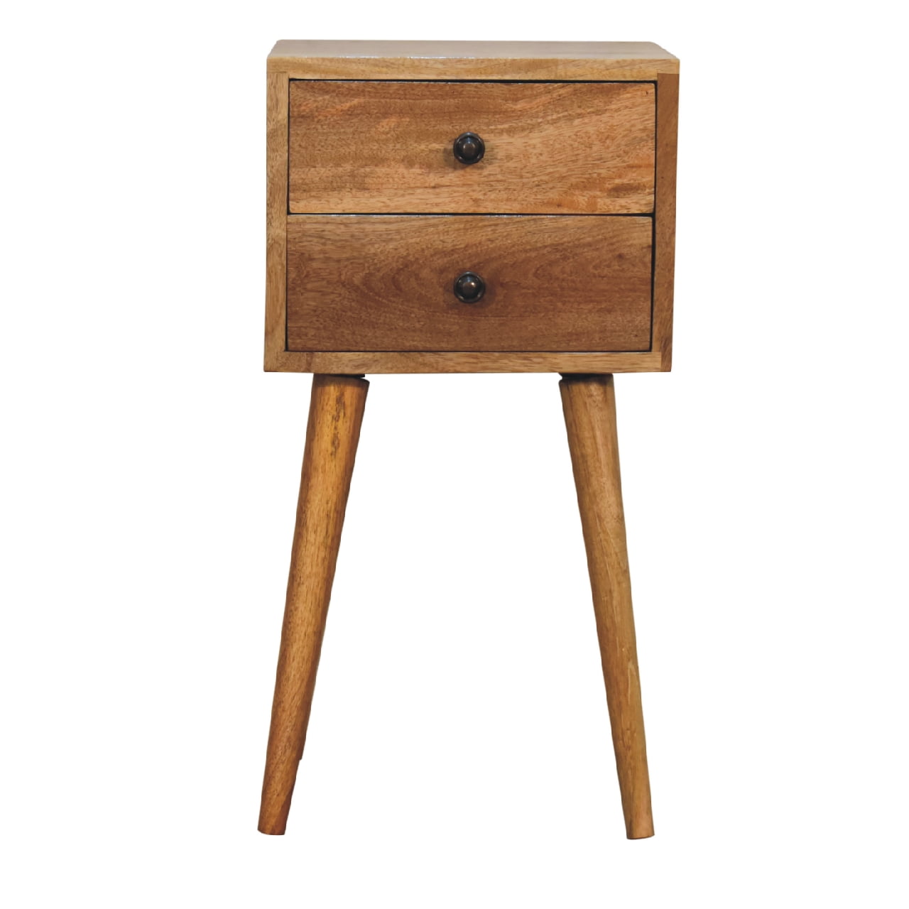 Mini 2-drawer oak bedside table solid mango wood with Scandinavian legs – front view