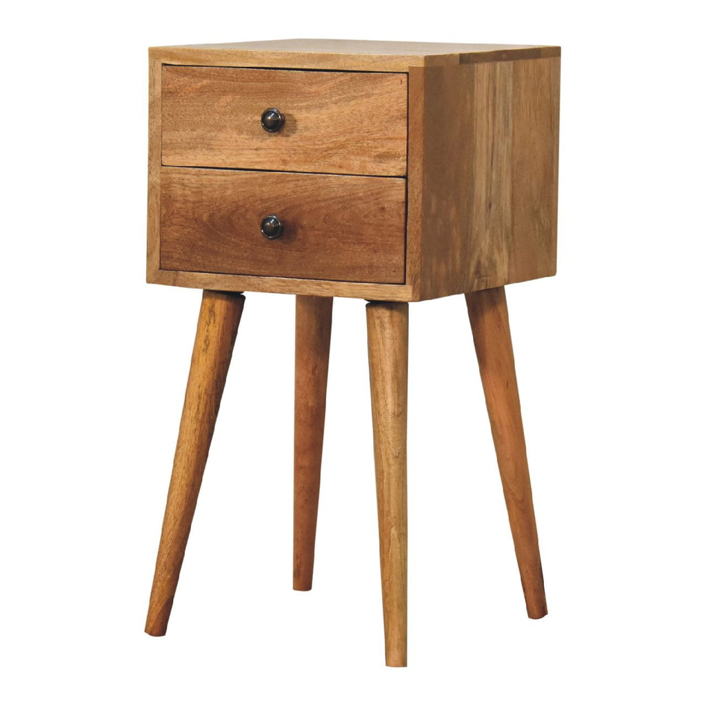 Mini oak bedside table side view showing compact profile