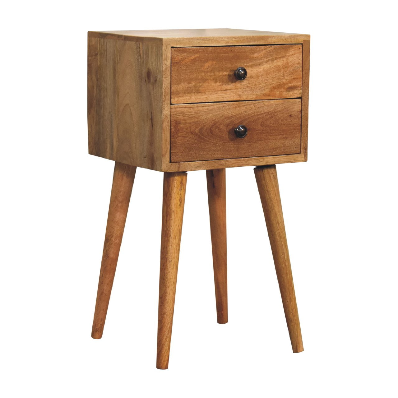 Mini 2-drawer oak bedside drawer open showing interior