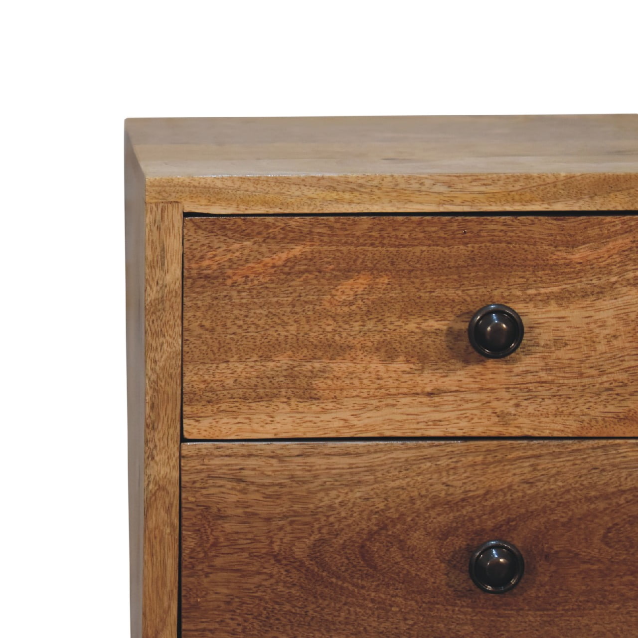 Mini oak bedside table in compact bedroom interior