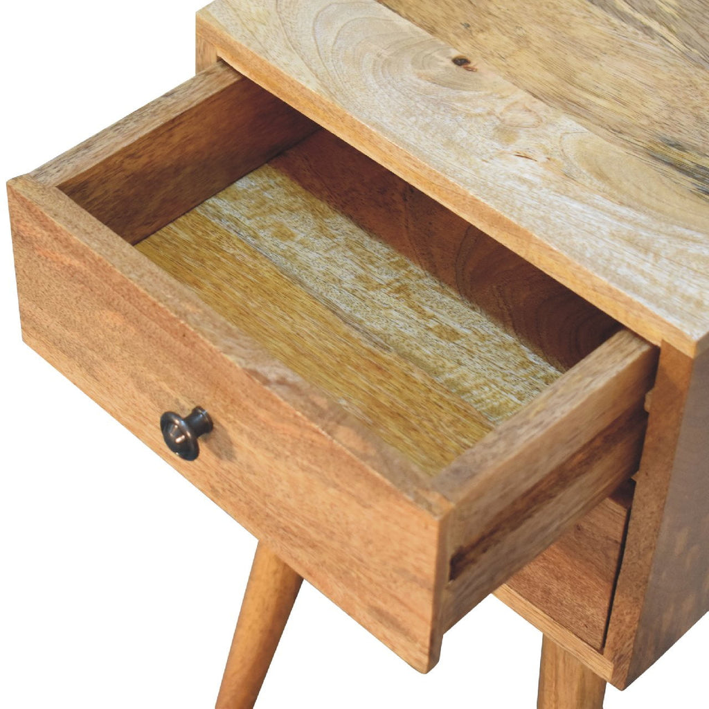 Mini oak bedside table angled view showing slim footprint