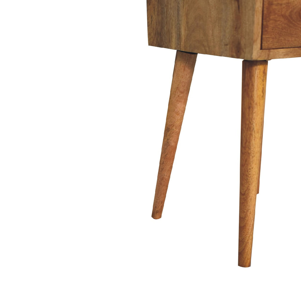 Mini oak bedside table in tight compact bedroom space