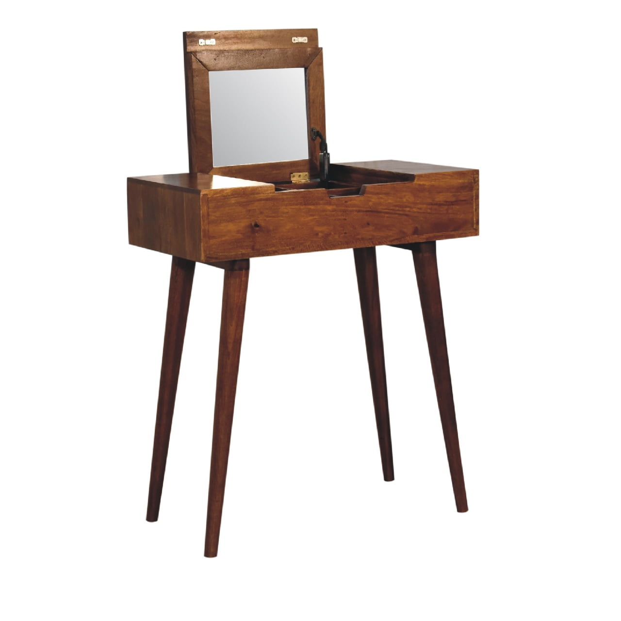 India mini chestnut dressing table in compact bedroom vanity setting