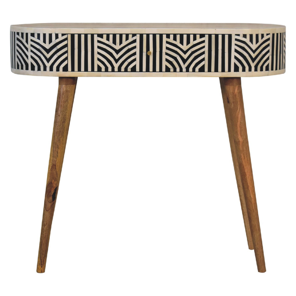 Boho oak inlay dressing table side view showing Nordic legs