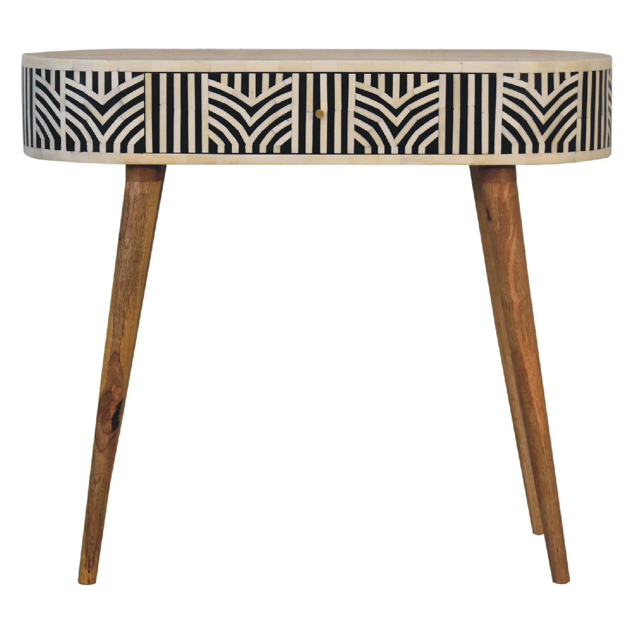 Boho oak inlay dressing table side view showing Nordic legs